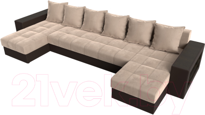 Диван П-образный Лига Диванов Дубай полки справа (велюр бежевый/экокожа коричневый)