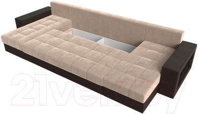 Диван П-образный Лига Диванов Дубай полки справа (велюр бежевый/экокожа коричневый)