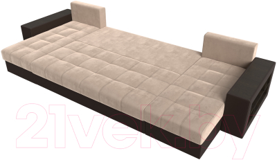 Диван П-образный Лига Диванов Дубай полки справа (велюр бежевый/экокожа коричневый)