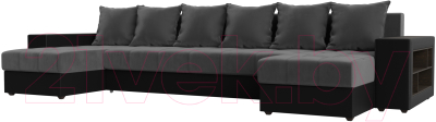 Диван П-образный Лига Диванов Дубай полки справа (велюр серый/экокожа черный) - фото