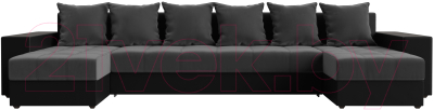 Диван П-образный Лига Диванов Дубай полки справа (велюр серый/экокожа черный)