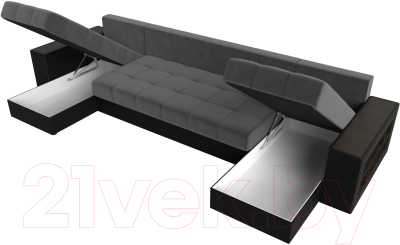 Диван П-образный Лига Диванов Дубай полки справа (велюр серый/экокожа черный)