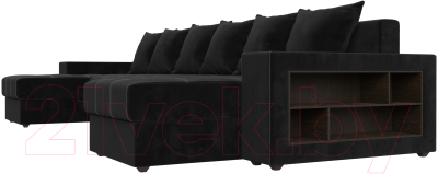 Диван П-образный Лига Диванов Дубай полки справа (велюр черный/экокожа черный)