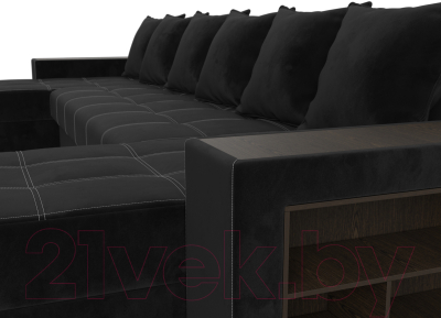 Диван П-образный Лига Диванов Дубай полки справа (велюр черный/экокожа черный)