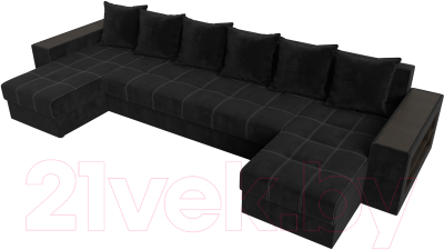 Диван П-образный Лига Диванов Дубай полки справа (велюр черный/экокожа черный)