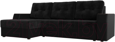 Диван угловой Лига Диванов Эмир БС левый (велюр черный/экокожа черный) - фото