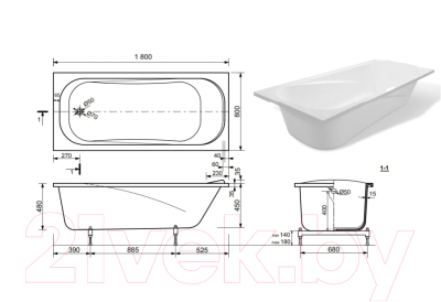 Ванна из искусственного мрамора Эстет Alfa 180x80 / ФР-00014522