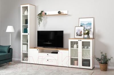 Шкаф-пенал с витриной Mobi Остин 16.394.03 (белый PE шагрень/дуб золотой craft/белая шагрень 4101 ПВХ)