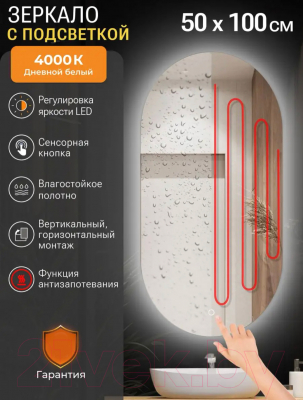 Зеркало Emze Led 50x100 / LED.50.100.AF.4K (c подсветкой и антизапотеванием)