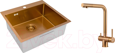 Мойка кухонная со смесителем ZORG ZRN 5055 Nano PVD Gold Rosy + cмеситель ZRN 980144 Gold Rosy - фото