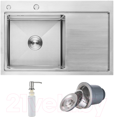 Мойка кухонная AKS Прямоугольная 78x51 левая (сатин никель) - фото