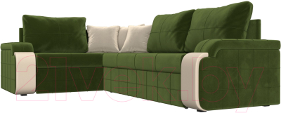 Диван угловой Лига Диванов Николь левый / 29378L (микровельвет зеленый/экокожа бежевый)