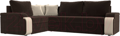 Диван угловой Лига Диванов Николь левый / 29379L (микровельвет коричневый/экокожа бежевый) - фото