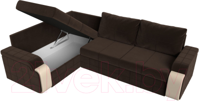 Диван угловой Лига Диванов Николь левый / 29379L (микровельвет коричневый/экокожа бежевый)