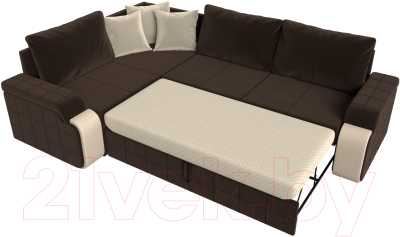 Диван угловой Лига Диванов Николь левый / 29379L (микровельвет коричневый/экокожа бежевый)