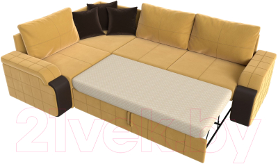 Диван угловой Лига Диванов Николь левый / 113274L (микровельвет желтый/экокожа коричневый)