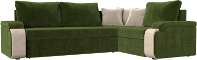 Диван угловой Лига Диванов Николь правый / 29378 (микровельвет зеленый/экокожа бежевый) - фото