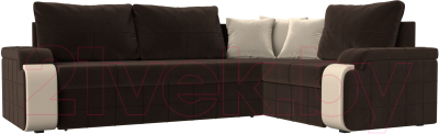 Диван угловой Лига Диванов Николь правый / 29379 (микровельвет коричневый/экокожа бежевый) - фото