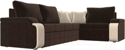 Диван угловой Лига Диванов Николь правый / 29379 (микровельвет коричневый/экокожа бежевый)