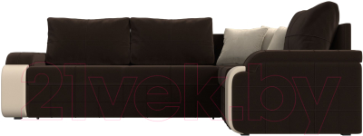 Диван угловой Лига Диванов Николь правый / 29379 (микровельвет коричневый/экокожа бежевый)
