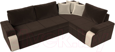 Диван угловой Лига Диванов Николь правый / 29379 (микровельвет коричневый/экокожа бежевый)