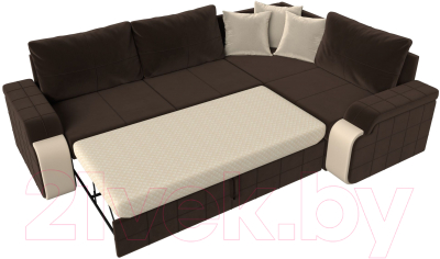 Диван угловой Лига Диванов Николь правый / 29379 (микровельвет коричневый/экокожа бежевый)