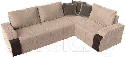 Диван угловой Лига Диванов Николь правый / 102970 (велюр бежевый/экокожа коричневый)