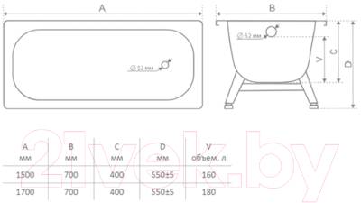 Ванна стальная Tevro 150x70