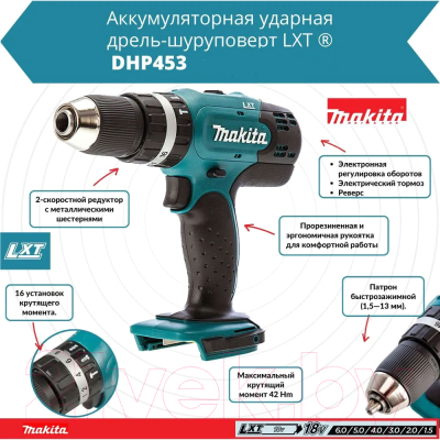 Профессиональная дрель-шуруповерт Makita DHP453ZJ