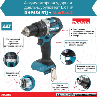 Профессиональная дрель-шуруповерт Makita DHP484RTJ
