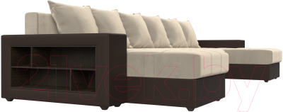 Диван П-образный Лига Диванов Дубай полки слева / 31510 (микровельвет бежевый/экокожа коричневый)