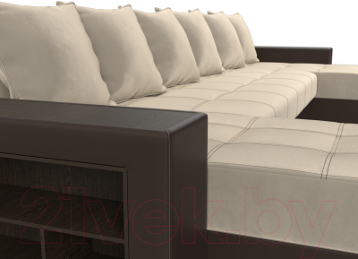 Диван П-образный Лига Диванов Дубай полки слева / 31510 (микровельвет бежевый/экокожа коричневый)