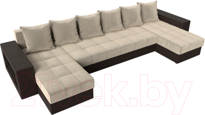 Диван П-образный Лига Диванов Дубай полки слева / 31510 (микровельвет бежевый/экокожа коричневый)