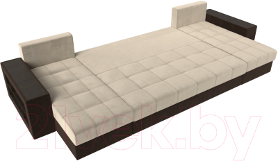 Диван П-образный Лига Диванов Дубай полки слева / 31510 (микровельвет бежевый/экокожа коричневый)