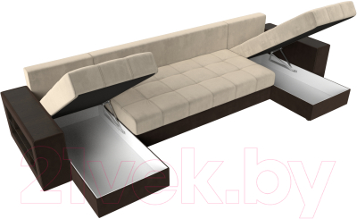 Диван П-образный Лига Диванов Дубай полки слева / 31510 (микровельвет бежевый/экокожа коричневый)