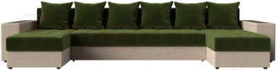 Диван П-образный Лига Диванов Дубай полки слева / 31511 (микровельвет зеленый/экокожа бежевый)