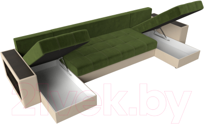 Диван П-образный Лига Диванов Дубай полки слева / 31511 (микровельвет зеленый/экокожа бежевый)