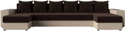 Диван П-образный Лига Диванов Дубай полки слева / 31512 (микровельвет коричневый/экокожа бежевый)
