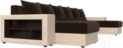 Диван П-образный Лига Диванов Дубай полки слева / 31512 (микровельвет коричневый/экокожа бежевый)