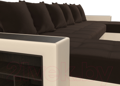 Диван П-образный Лига Диванов Дубай полки слева / 31512 (микровельвет коричневый/экокожа бежевый)
