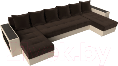 Диван П-образный Лига Диванов Дубай полки слева / 31512 (микровельвет коричневый/экокожа бежевый)
