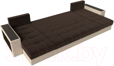 Диван П-образный Лига Диванов Дубай полки слева / 31512 (микровельвет коричневый/экокожа бежевый)