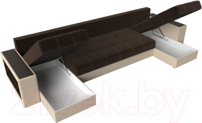 Диван П-образный Лига Диванов Дубай полки слева / 31512 (микровельвет коричневый/экокожа бежевый)