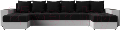 Диван П-образный Лига Диванов Дубай полки слева / 31514 (микровельвет черный/экокожа белый)