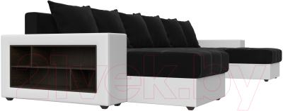 Диван П-образный Лига Диванов Дубай полки слева / 31514 (микровельвет черный/экокожа белый)