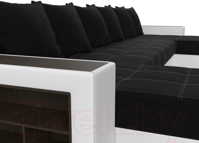 Диван П-образный Лига Диванов Дубай полки слева / 31514 (микровельвет черный/экокожа белый)