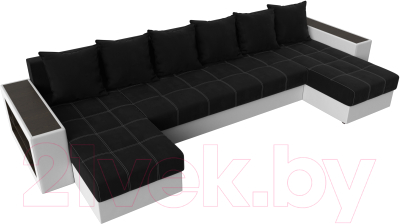 Диван П-образный Лига Диванов Дубай полки слева / 31514 (микровельвет черный/экокожа белый)