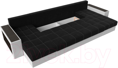 Диван П-образный Лига Диванов Дубай полки слева / 31514 (микровельвет черный/экокожа белый)