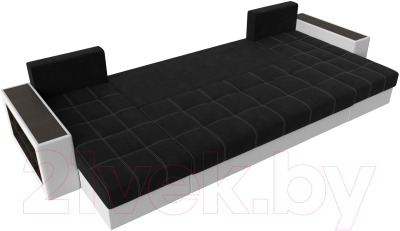 Диван П-образный Лига Диванов Дубай полки слева / 31514 (микровельвет черный/экокожа белый)