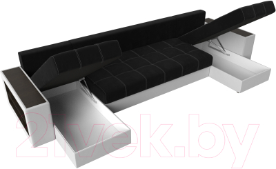 Диван П-образный Лига Диванов Дубай полки слева / 31514 (микровельвет черный/экокожа белый)